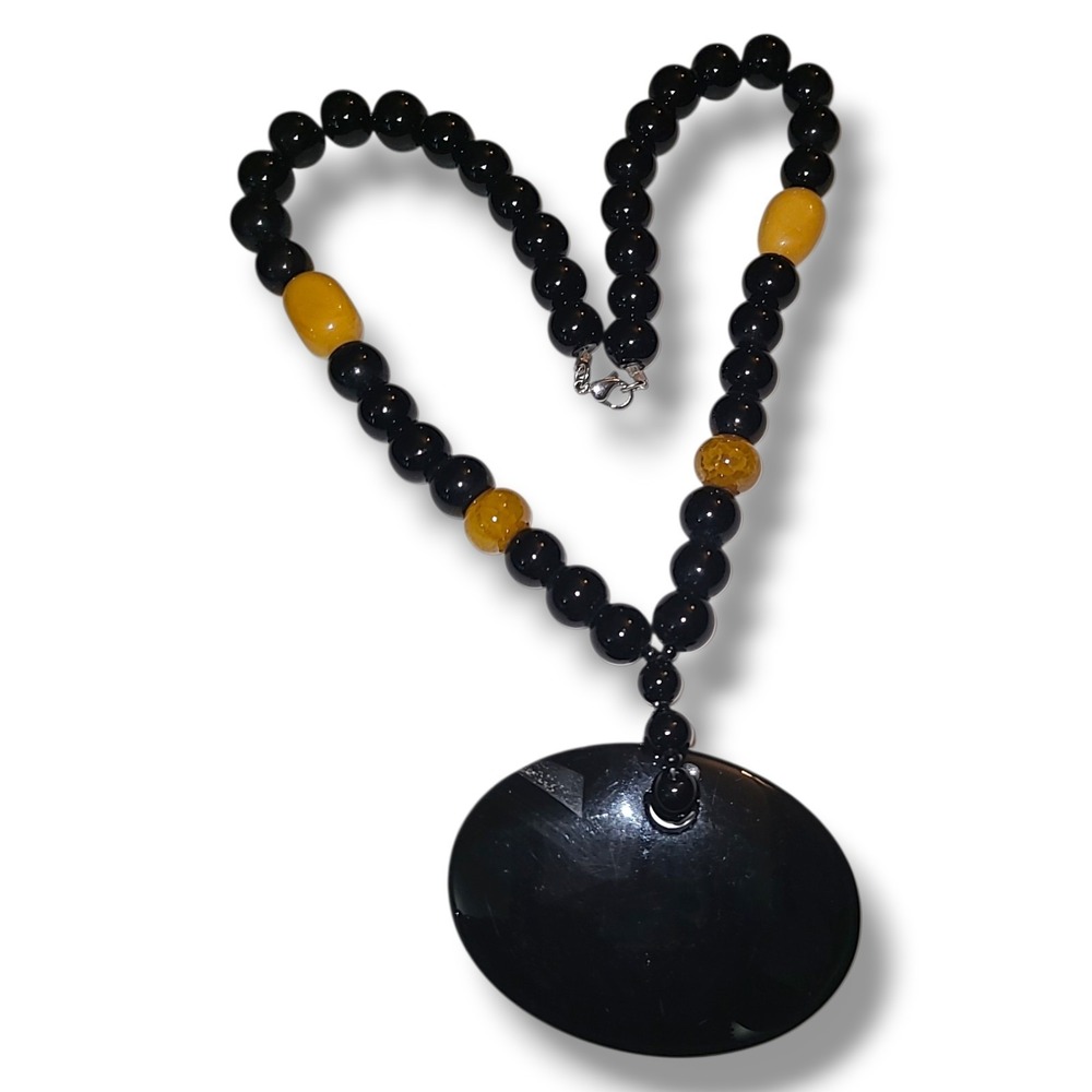 Black Onyx Agate‎ Bead Necklace Large Pendant Yellow Crackle Stone 18in
